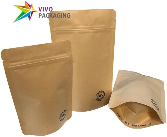 100% Biodegradable and Compostable Stand-Up Pouch with Zip Seal, Eco-Friendly Resealable Bag for Food Storage, Odor-Proof and Durable Material (100 pcs)