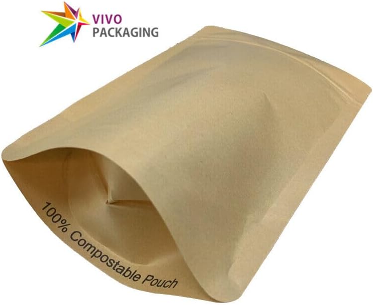 100% Biodegradable and Compostable Stand-Up Pouch with Zip Seal, Eco-Friendly Resealable Bag for Food Storage, Odor-Proof and Durable Material (100 pcs)