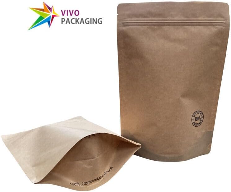 100% Biodegradable and Compostable Stand-Up Pouch with Zip Seal, Eco-Friendly Resealable Bag for Food Storage, Odor-Proof and Durable Material (100 pcs)