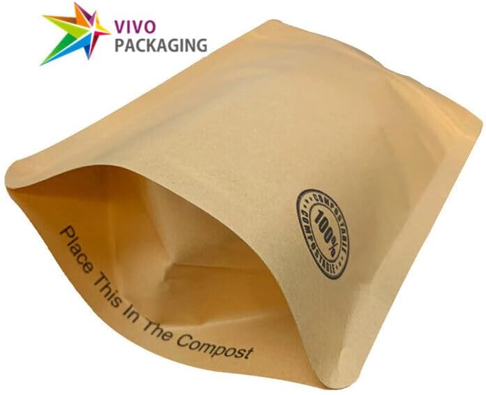 100% Biodegradable and Compostable Stand-Up Pouch with Zip Seal, Eco-Friendly Resealable Bag for Food Storage, Odor-Proof and Durable Material (100 pcs)