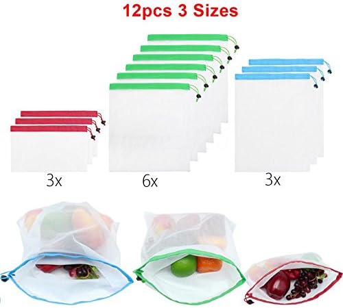 Reusable Mesh Produce Bags - 12 Pack Reusable Mesh Bags Washable Eco Friendly Bags, with Tare 3 Sizes for Grocery Shopping Storage Like Fruit Vegetable and Toys