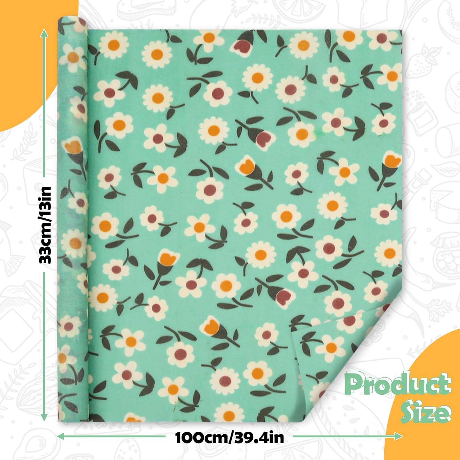 Beeswax Wraps for Food, Large 39.4’’ x 13’’ Beeswax Wrap Roll, Reusable Beeswax Paper Food Wrap for Bread Sandwich Wrapper Bowl Covers, Sunflower