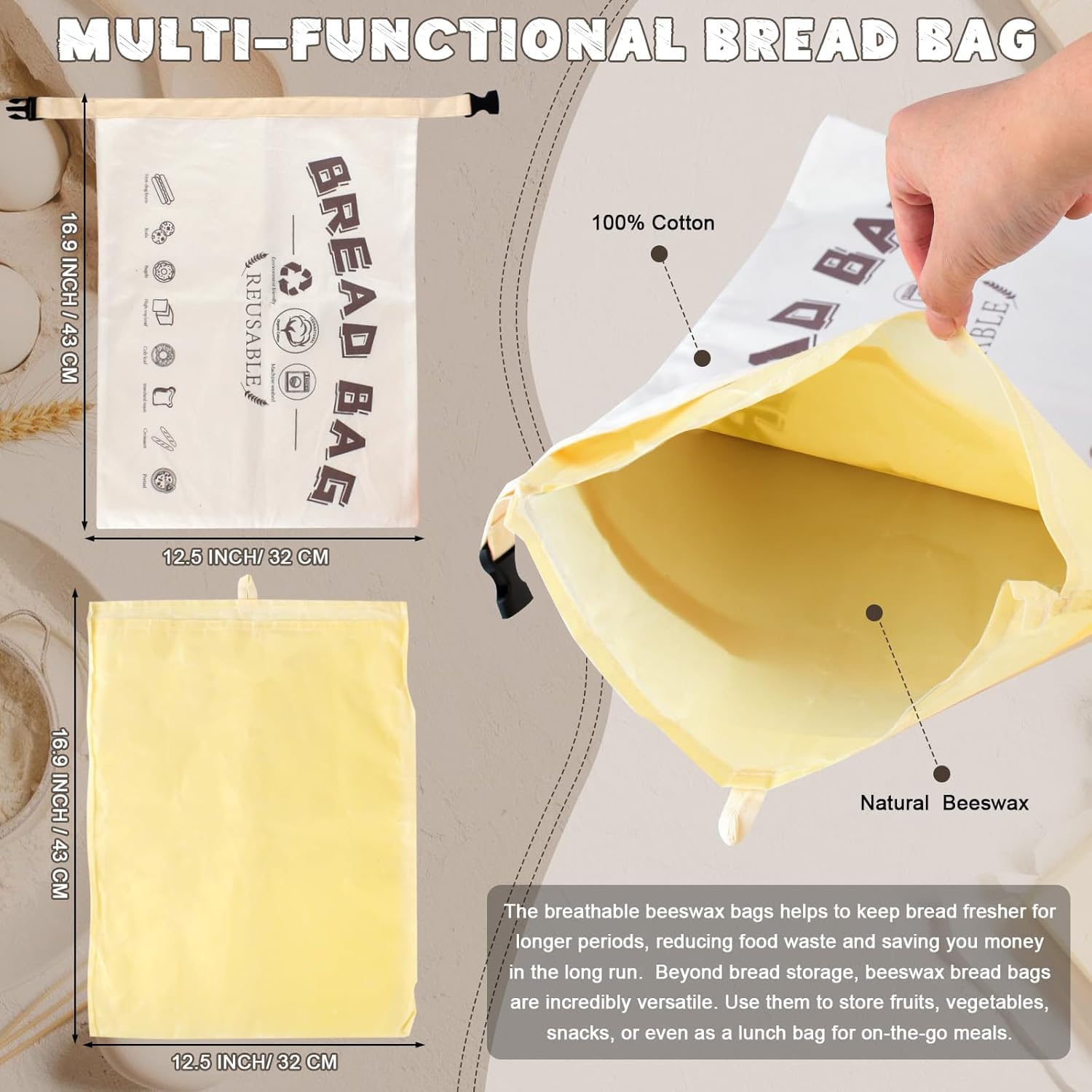 Reusable Cotton Beeswax Bread Bag with Buckle, Detachable Double-Layer Food-Grade Bread Storage Bag, 42.5×31.5CM Single Pack for Homemade Bread, Sourdough, Baguette Freshness