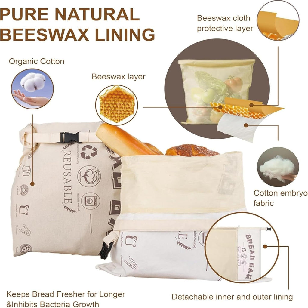 Reusable Cotton Beeswax Bread Bag with Buckle, Detachable Double-Layer Food-Grade Bread Storage Bag, 42.5×31.5CM Single Pack for Homemade Bread, Sourdough, Baguette Freshness