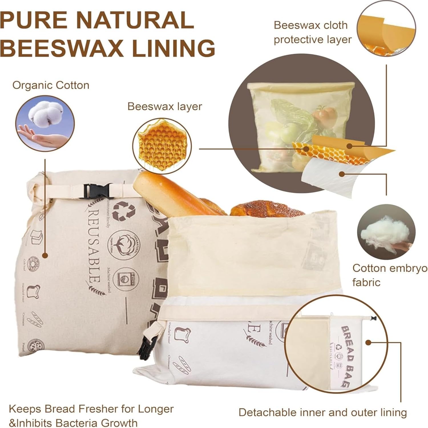 Reusable Cotton Beeswax Bread Bag with Buckle, Detachable Double-Layer Food-Grade Bread Storage Bag, 42.5×31.5CM Single Pack for Homemade Bread, Sourdough, Baguette Freshness