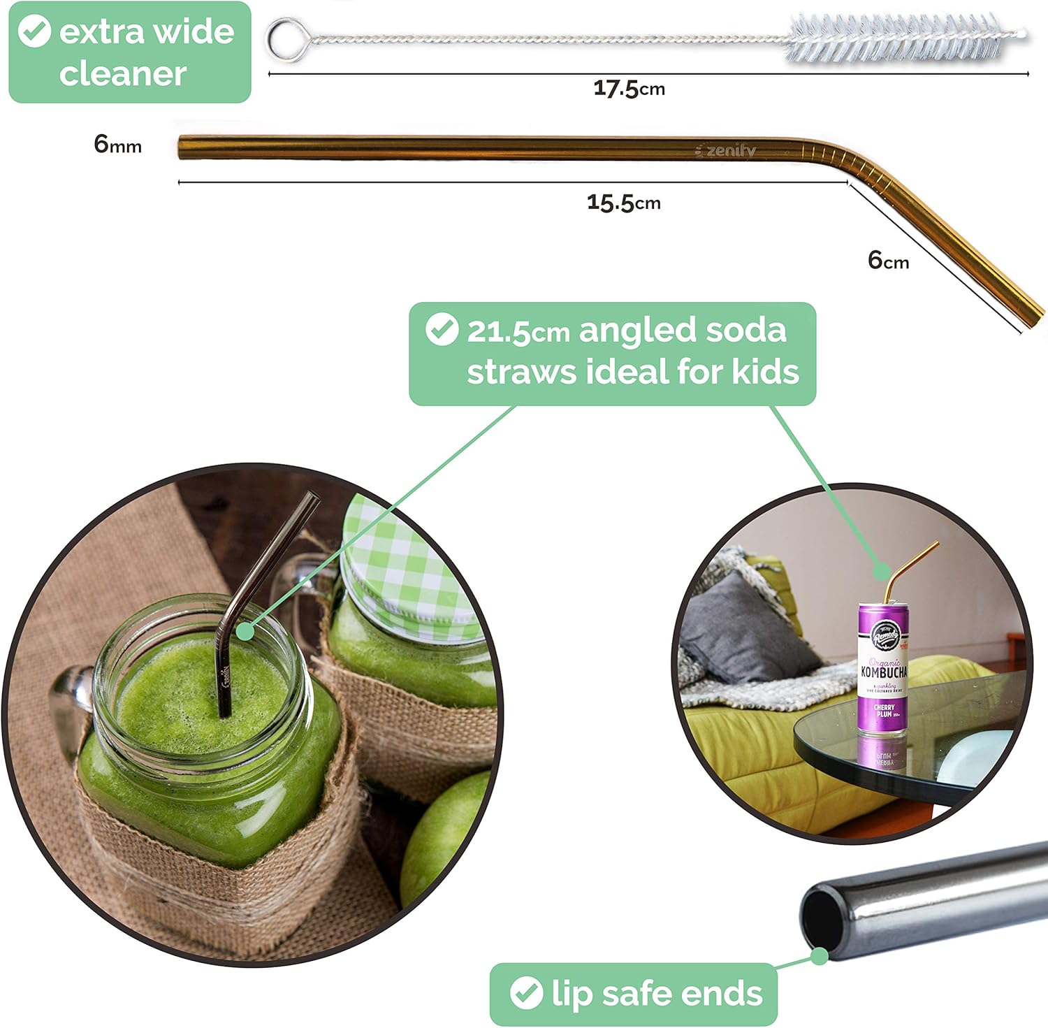 Zenify Reusable Straws Bent Angled with 4X Metal Straw + Bag + Cleaner - Eco Friendly Stainless Steel Kids Drinking Gift Set - Alternative to Single Use Plastic Paper Glass Silicone Bamboo