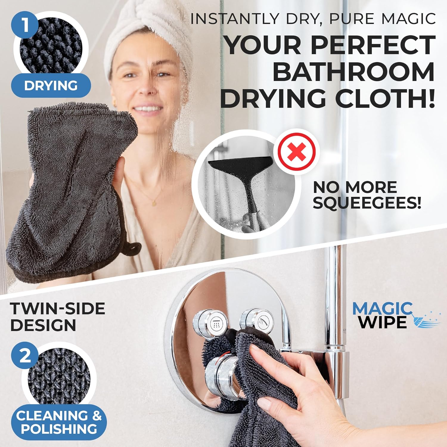 Bathroom Drying Cloth XXL - 40 x 60 cm Original All Purpose Microfibre Cleaning Cloth - Streak & Lint Free Cloth, Premium Quality Drying Towel for Bathrooms (2, Black)