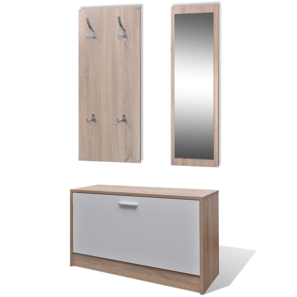 NNEVL Oak and White 3-in-1 Wooden Shoe Cabinet Set