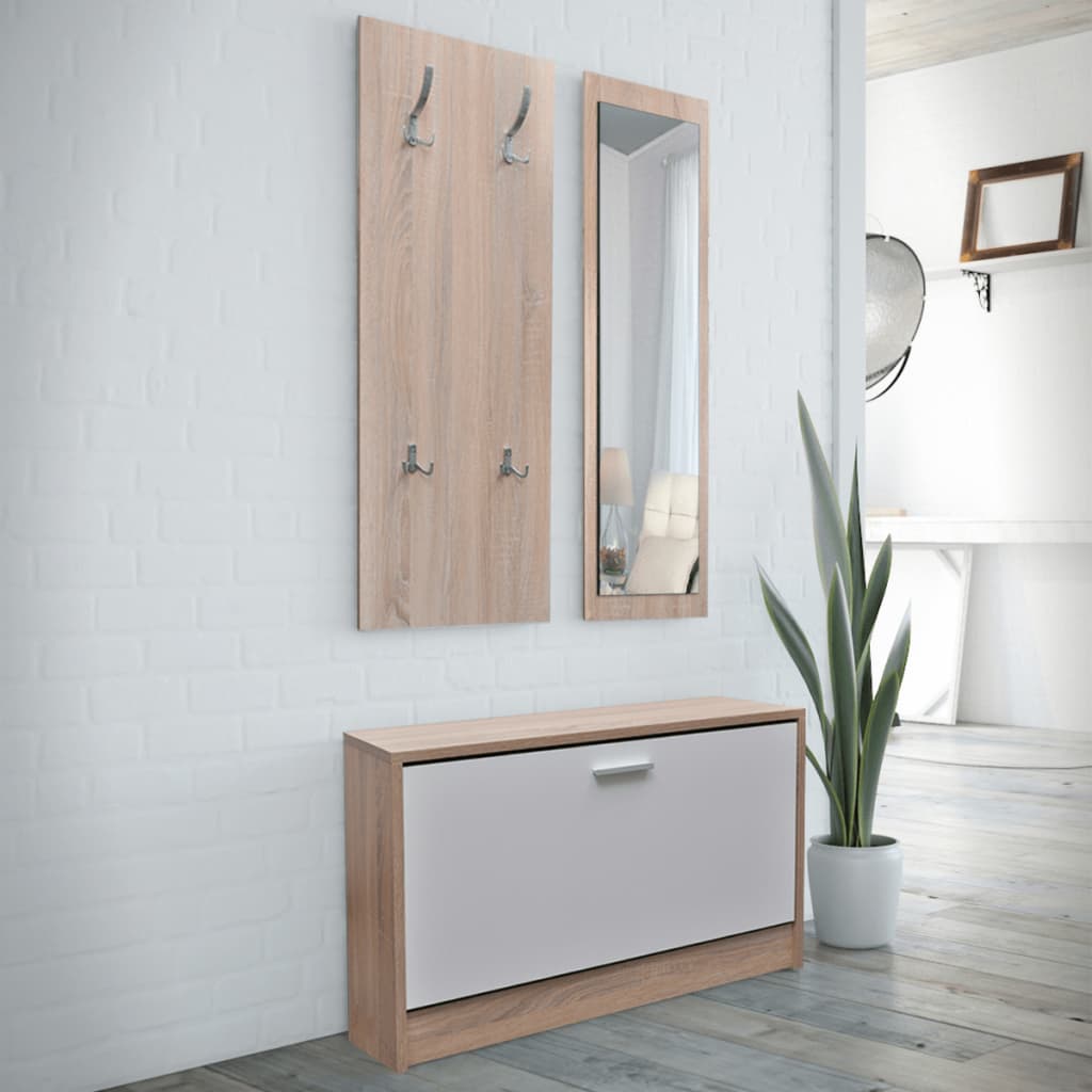 NNEVL Oak and White 3-in-1 Wooden Shoe Cabinet Set