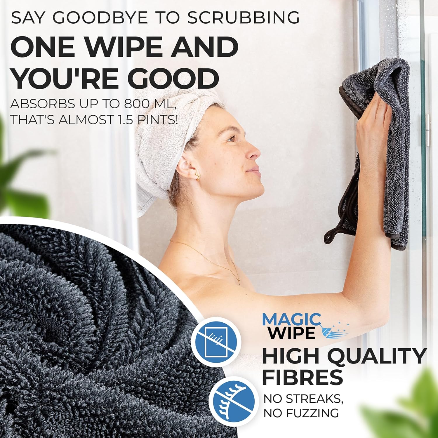 Bathroom Drying Cloth XXL - 40 x 60 cm Original All Purpose Microfibre Cleaning Cloth - Streak & Lint Free Cloth, Premium Quality Drying Towel for Bathrooms (2, Black)