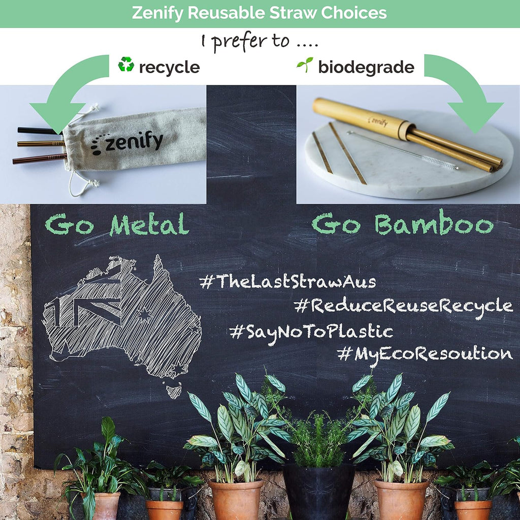 Zenify Reusable Straws Bent Angled with 4X Metal Straw + Bag + Cleaner - Eco Friendly Stainless Steel Kids Drinking Gift Set - Alternative to Single Use Plastic Paper Glass Silicone Bamboo