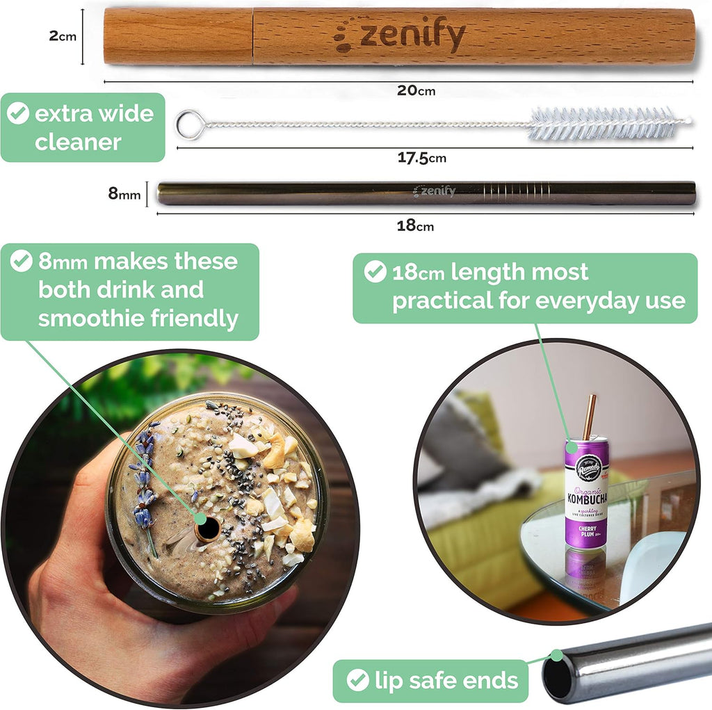 Zenify Reusable Metal Straws with Case + Bag + Cleaners - Stainless Steel Kids Smoothie Eco Friendly Drinking 8 Straight & Bent Angled Straw Gift Set - Plastic Paper Glass Silicone Bamboo Alternative
