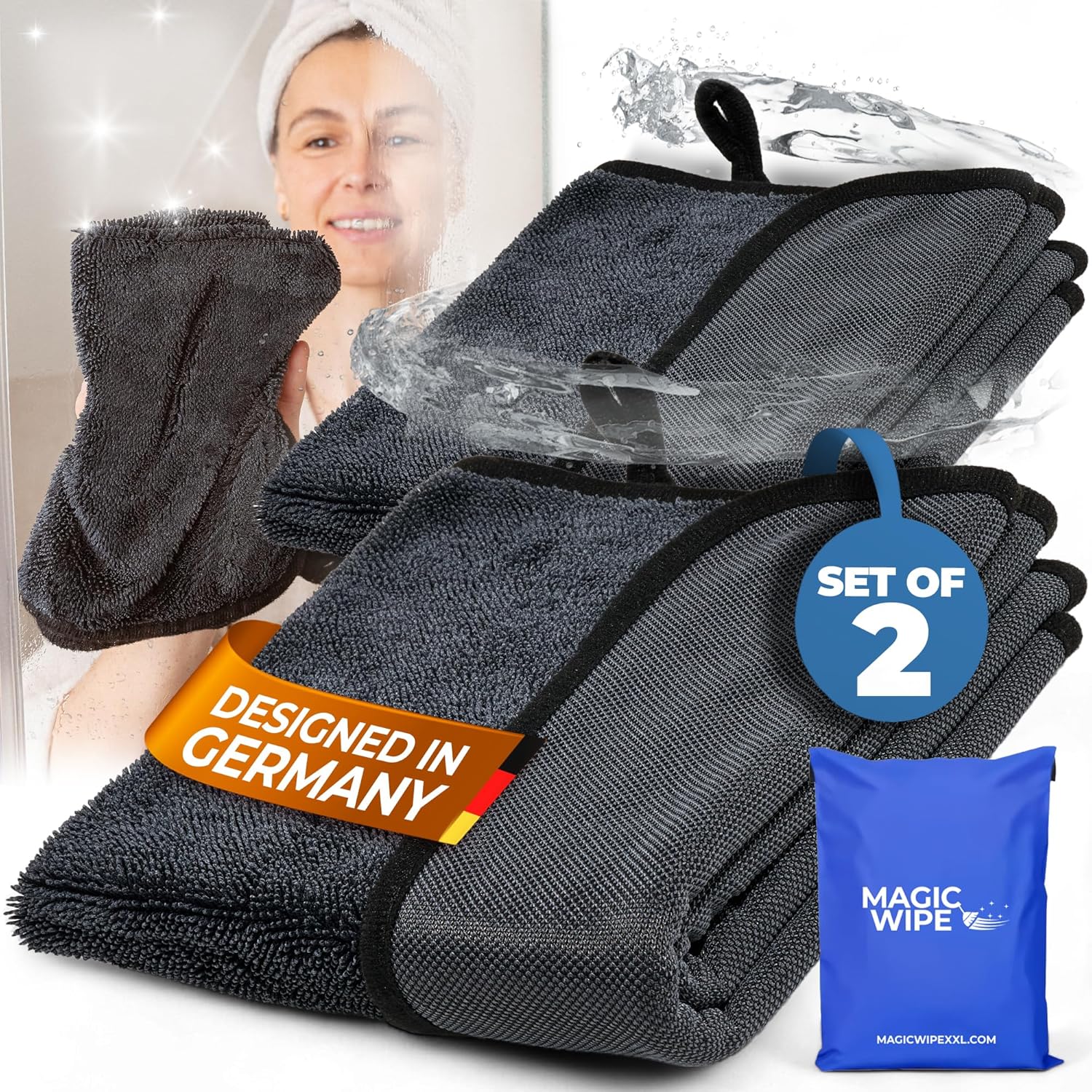 Bathroom Drying Cloth XXL - 40 x 60 cm Original All Purpose Microfibre Cleaning Cloth - Streak & Lint Free Cloth, Premium Quality Drying Towel for Bathrooms (2, Black)