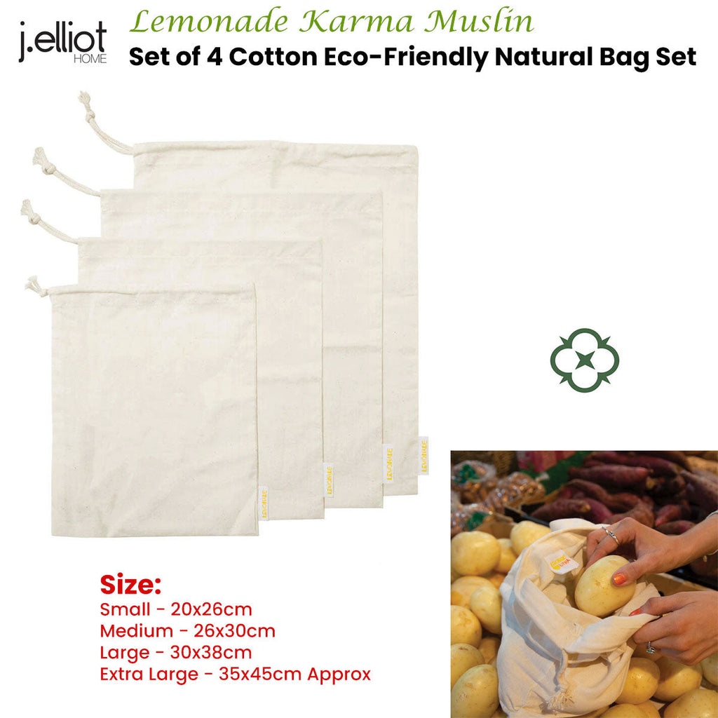 NNEDSZ J Elliot Home Lemonade Karma Set of 4 Cotton Eco-Friendly Natural Muslin Storage Bag Set