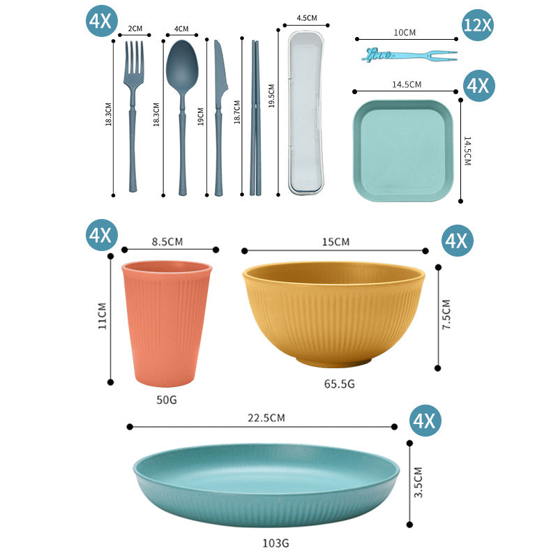 NNEDSZ Four-person Set Multicolor Eco-Friendly Wheat Straw Dinnerware Set,  Plate, Bowl, Cup & Utensil Set - Lightweight, Reusable, and Durable for Home, School, and Travel