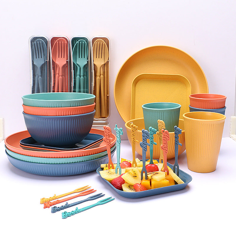 NNEDSZ Four-person Set Multicolor Eco-Friendly Wheat Straw Dinnerware Set,  Plate, Bowl, Cup & Utensil Set - Lightweight, Reusable, and Durable for Home, School, and Travel